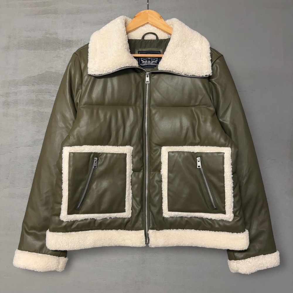 Levi's Breanna RARE Puffer Jacket Olive Green Faux Leather Sherpa Women's XL